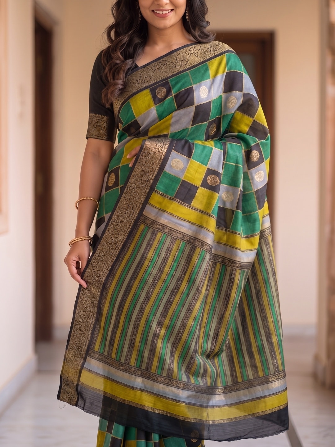 Peachmode Green Marshmallow Self Jacquard Weaving Saree With Fancy Foil Print Multicolour Check Design - Image 5