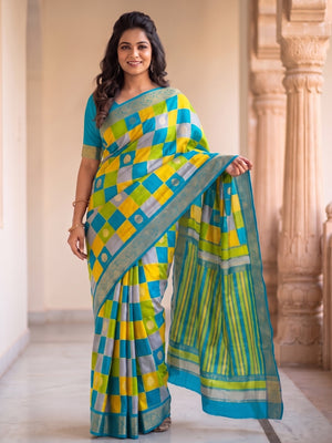 Peachmode Turquoise Marshmallow Self Jacquard Weaving Saree With Fancy Foil Print Multicolour Check Design - Image 1