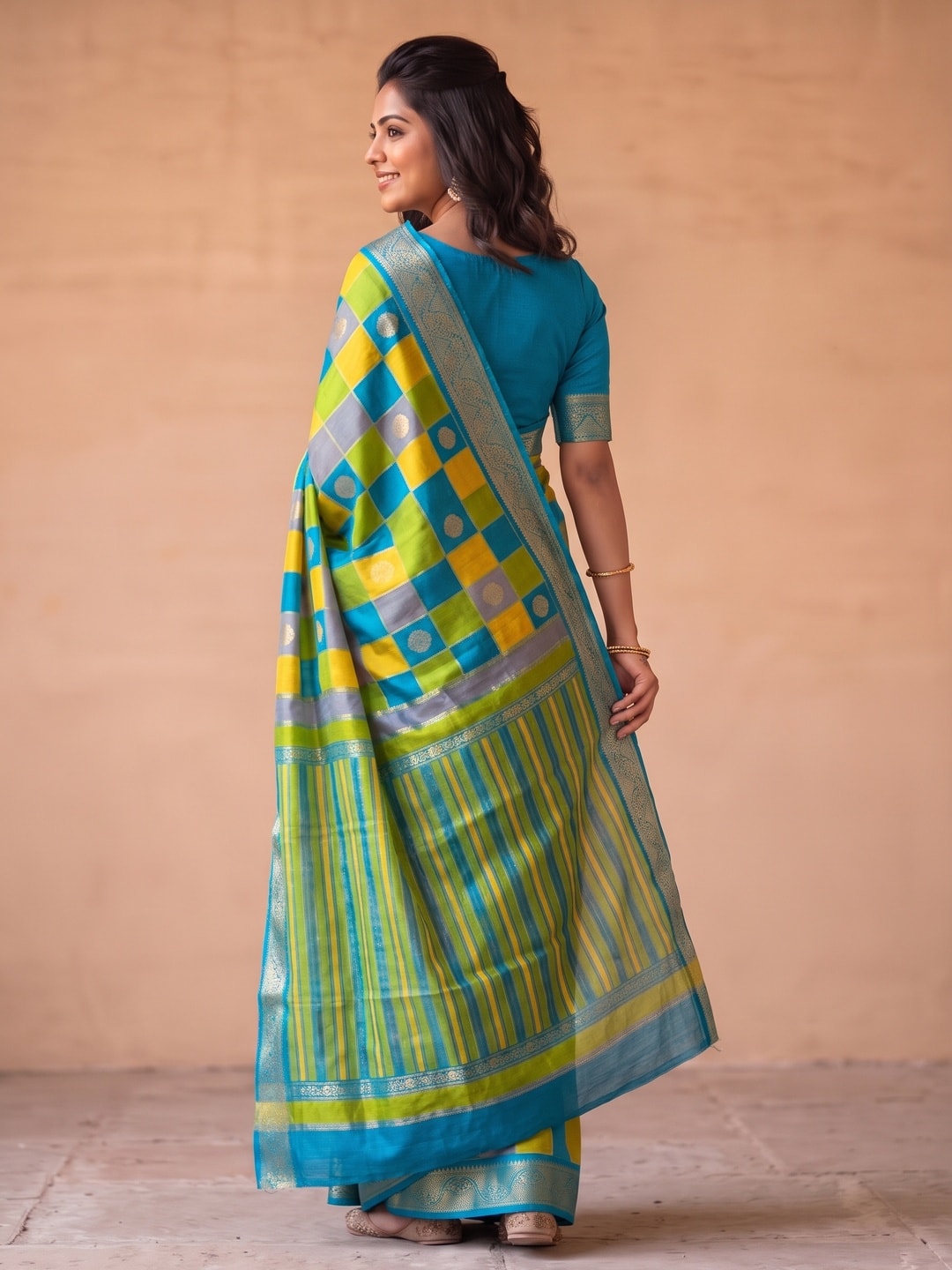 Peachmode Turquoise Marshmallow Self Jacquard Weaving Saree With Fancy Foil Print Multicolour Check Design - Image 2