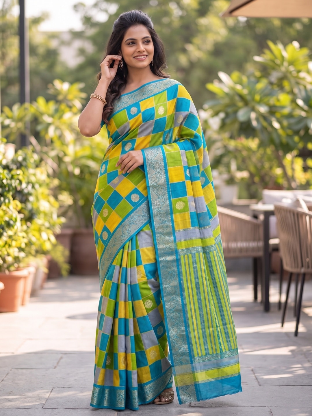 Peachmode Turquoise Marshmallow Self Jacquard Weaving Saree With Fancy Foil Print Multicolour Check Design - Image 4
