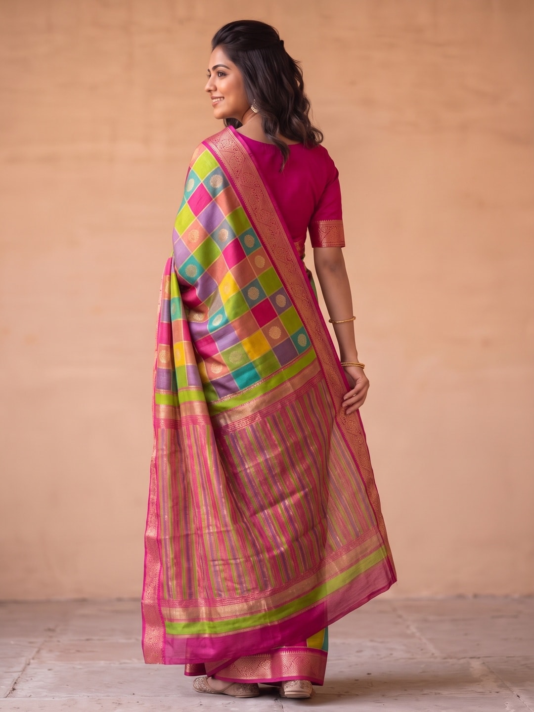 Peachmode Rani Marshmallow Self Jacquard Weaving Saree With Fancy Foil Print Multicolour Check Design - Image 2