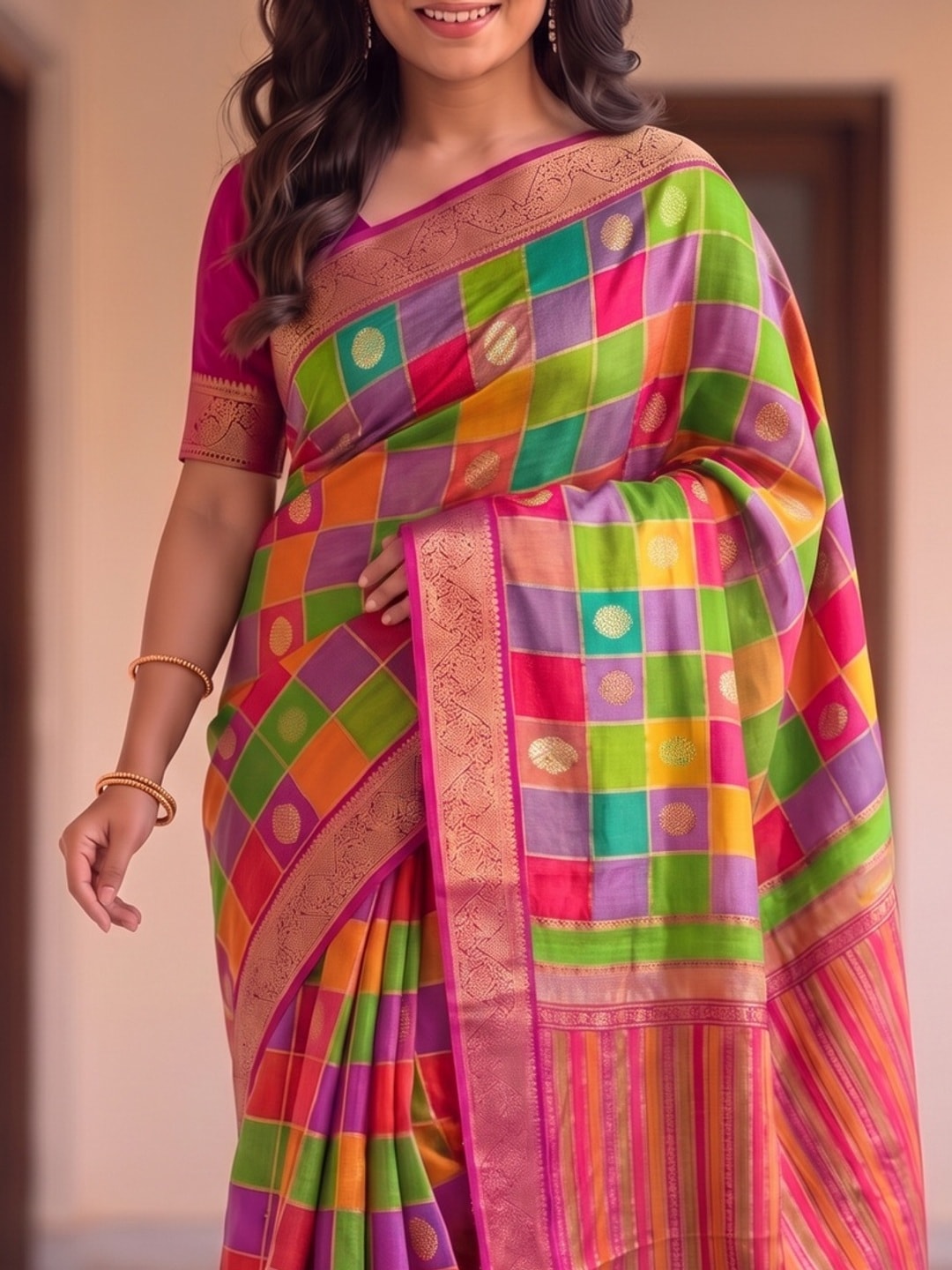 Peachmode Rani Marshmallow Self Jacquard Weaving Saree With Fancy Foil Print Multicolour Check Design - Image 5