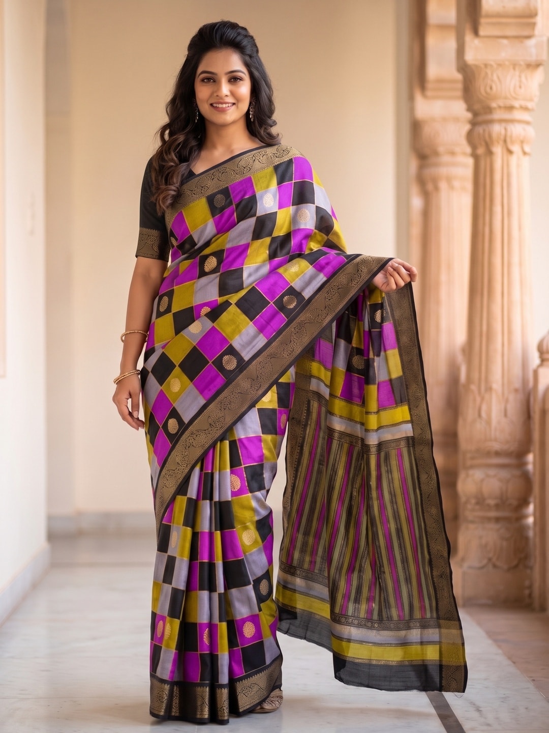 Peachmode Magenta Marshmallow Self Jacquard Weaving Saree With Fancy Foil Print Multicolour Check Design - Image 1