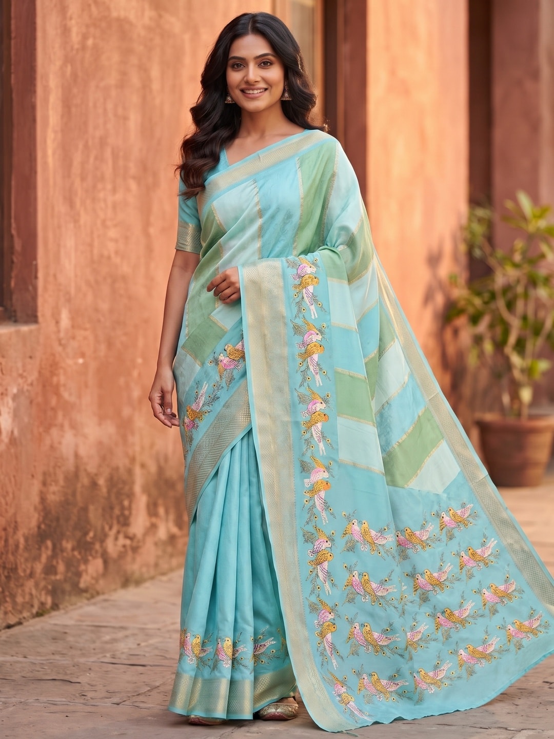 Peachmode Sky Blue Marshmallow Self Jacquard Weaving Saree With Fancy Foil Print Bird And Floral Design - Image 1