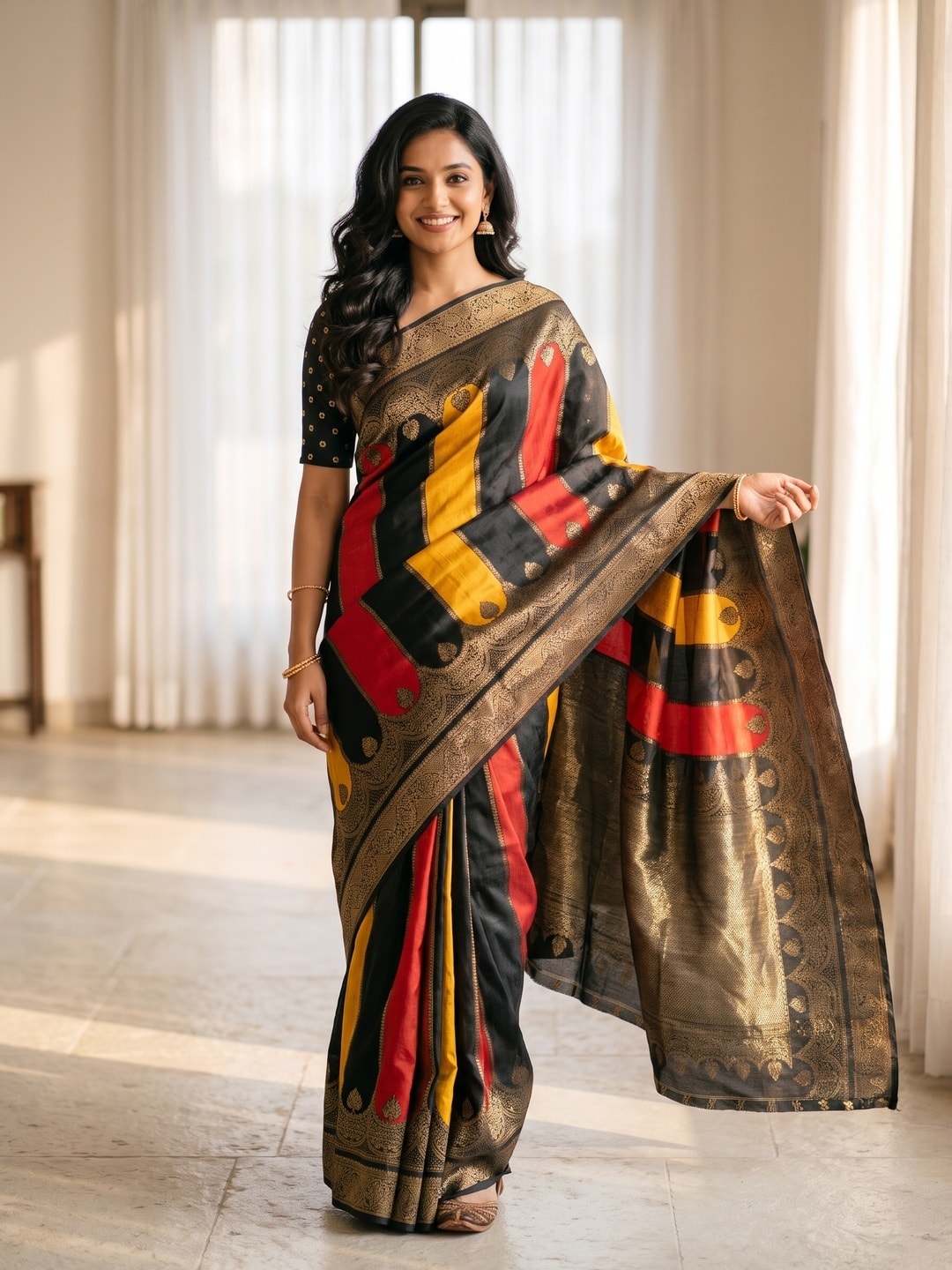 Peachmode Black & Red Marshmallow Self Jacquard Weaving Saree With Fancy Foil Print Colour Block Pallu And Heavy Zari Border - Image 1