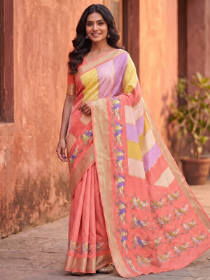 Peachmode Peach Marshmallow Self Jacquard Weaving Saree With Fancy Foil Print Bird And Floral Design - Image 1