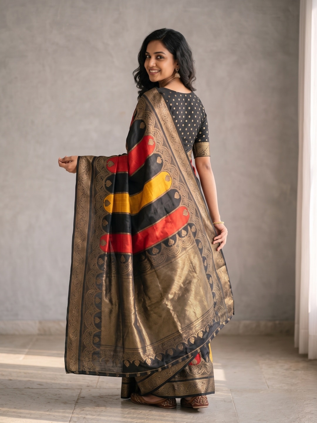 Peachmode Black & Red Marshmallow Self Jacquard Weaving Saree With Fancy Foil Print Colour Block Pallu And Heavy Zari Border - Image 2