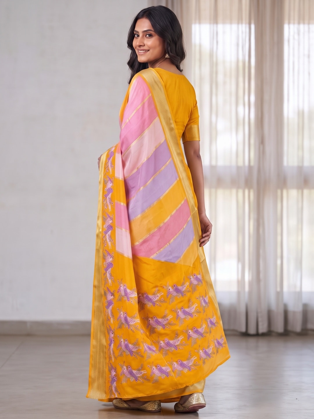 Peachmode Mustard Marshmallow Self Jacquard Weaving Saree With Fancy Foil Print Bird And Floral Design - Image 2