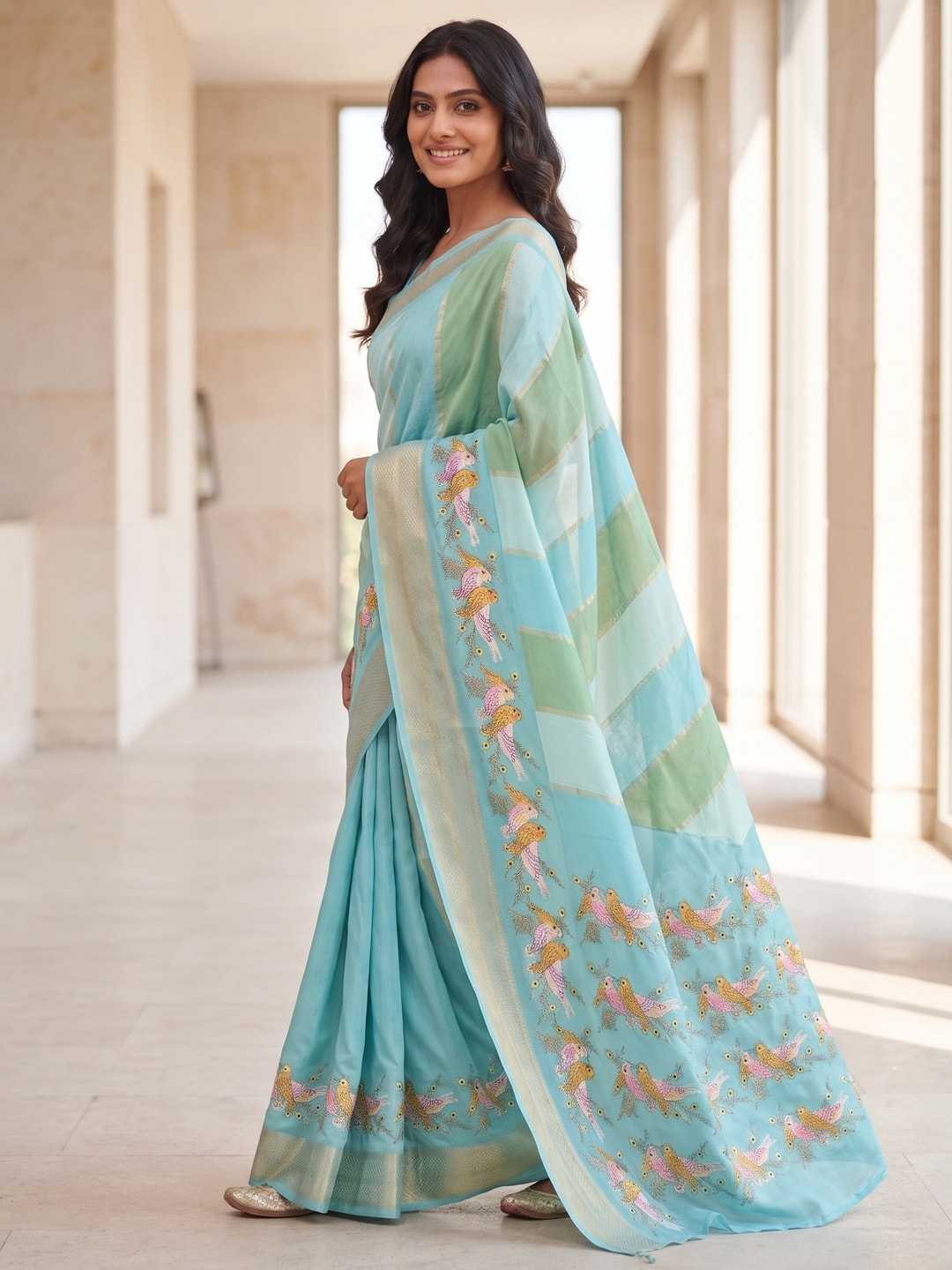 Peachmode Sky Blue Marshmallow Self Jacquard Weaving Saree With Fancy Foil Print Bird And Floral Design - Image 3