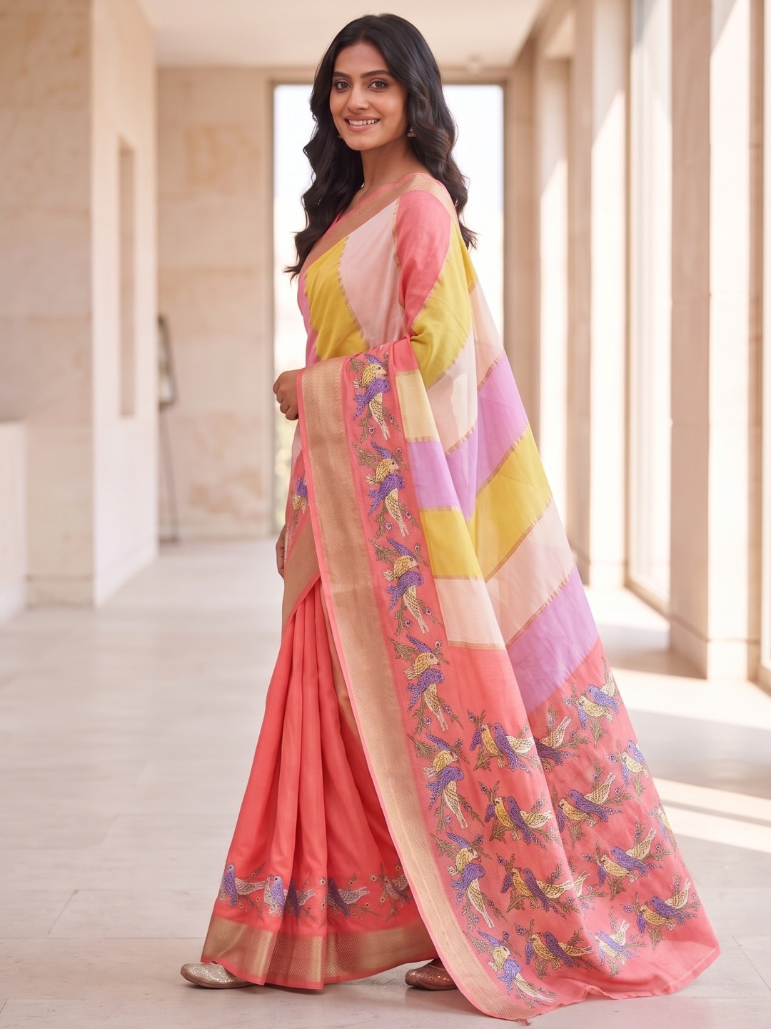 Peachmode Peach Marshmallow Self Jacquard Weaving Saree With Fancy Foil Print Bird And Floral Design - Image 3