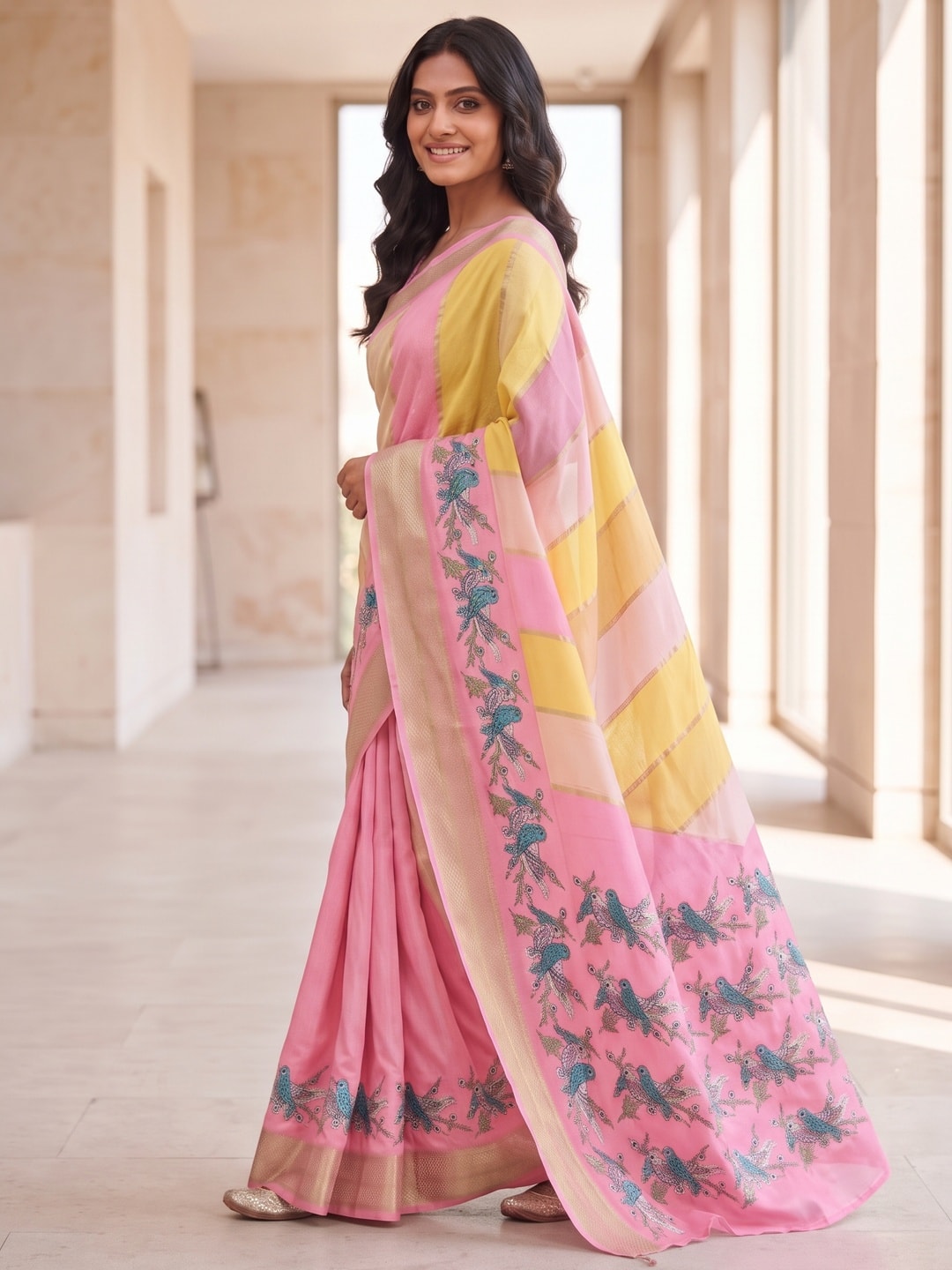 Peachmode Baby Pink Marshmallow Self Jacquard Weaving Saree With Fancy Foil Print Bird And Floral Design - Image 3