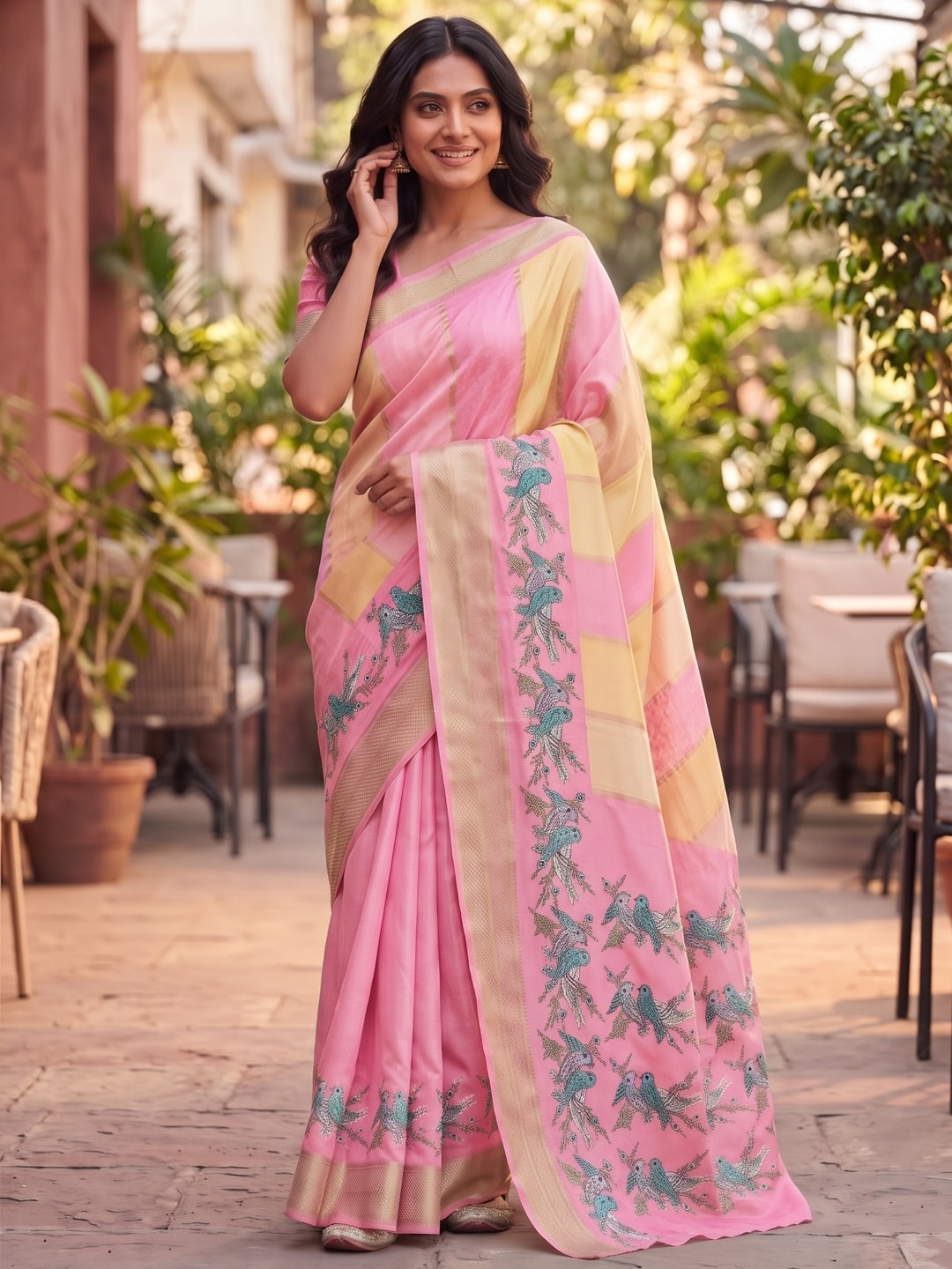 Peachmode Baby Pink Marshmallow Self Jacquard Weaving Saree With Fancy Foil Print Bird And Floral Design - Image 4