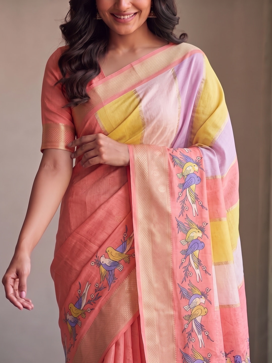Peachmode Peach Marshmallow Self Jacquard Weaving Saree With Fancy Foil Print Bird And Floral Design - Image 5