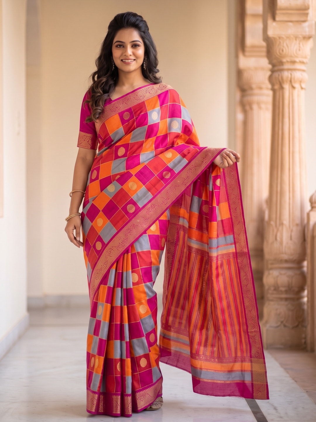 Peachmode Coral Marshmallow Self Jacquard Weaving Saree With Fancy Foil Print Multicolour Check Design - Image 1