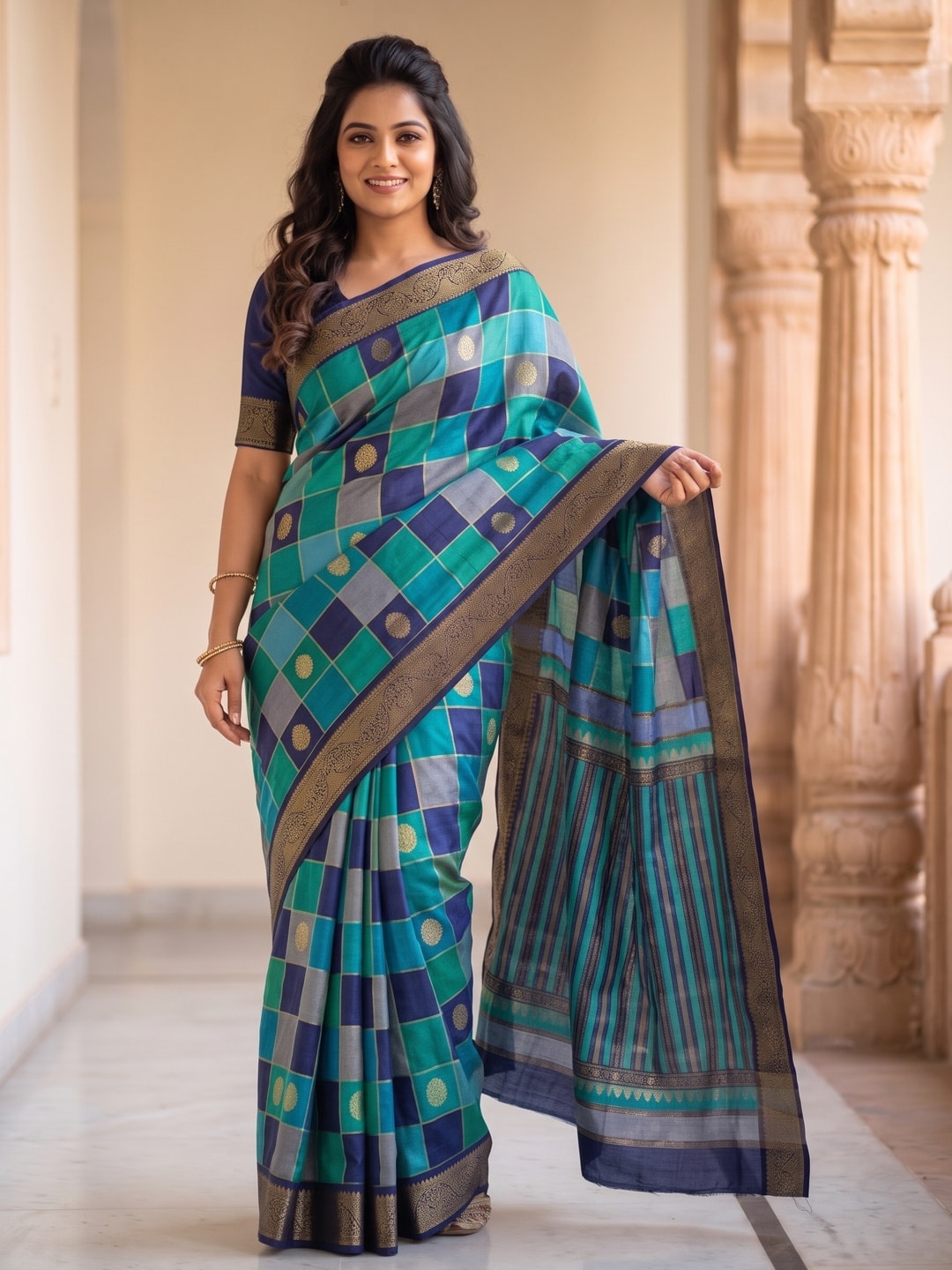 Peachmode Teal Marshmallow Self Jacquard Weaving Saree With Fancy Foil Print Multicolour Check Design - Image 1