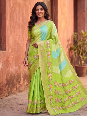 Peachmode Lime Green Marshmallow Self Jacquard Weaving Saree With Fancy Foil Print Bird And Floral Design - Image 1