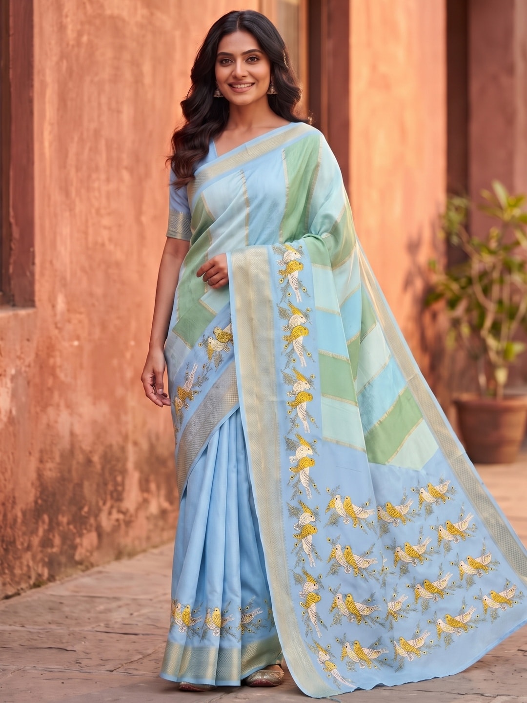 Peachmode Powder Blue Marshmallow Self Jacquard Weaving Saree With Fancy Foil Print Bird And Floral Design - Image 1