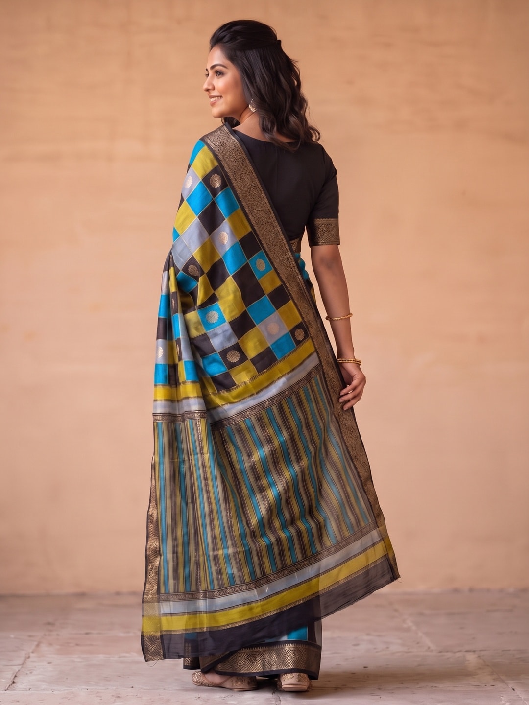 Peachmode Sky Blue Marshmallow Self Jacquard Weaving Saree With Fancy Foil Print Multicolour Check Design - Image 2