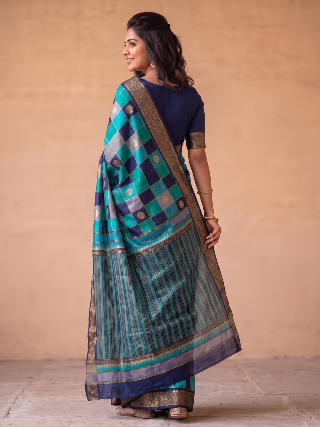 Peachmode Teal Marshmallow Self Jacquard Weaving Saree With Fancy Foil Print Multicolour Check Design - Image 2