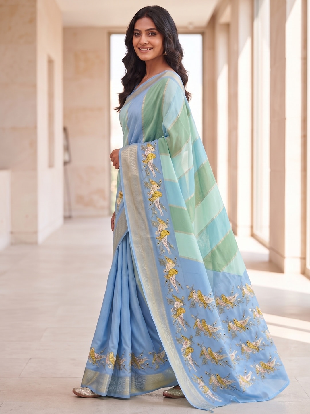 Peachmode Powder Blue Marshmallow Self Jacquard Weaving Saree With Fancy Foil Print Bird And Floral Design - Image 3