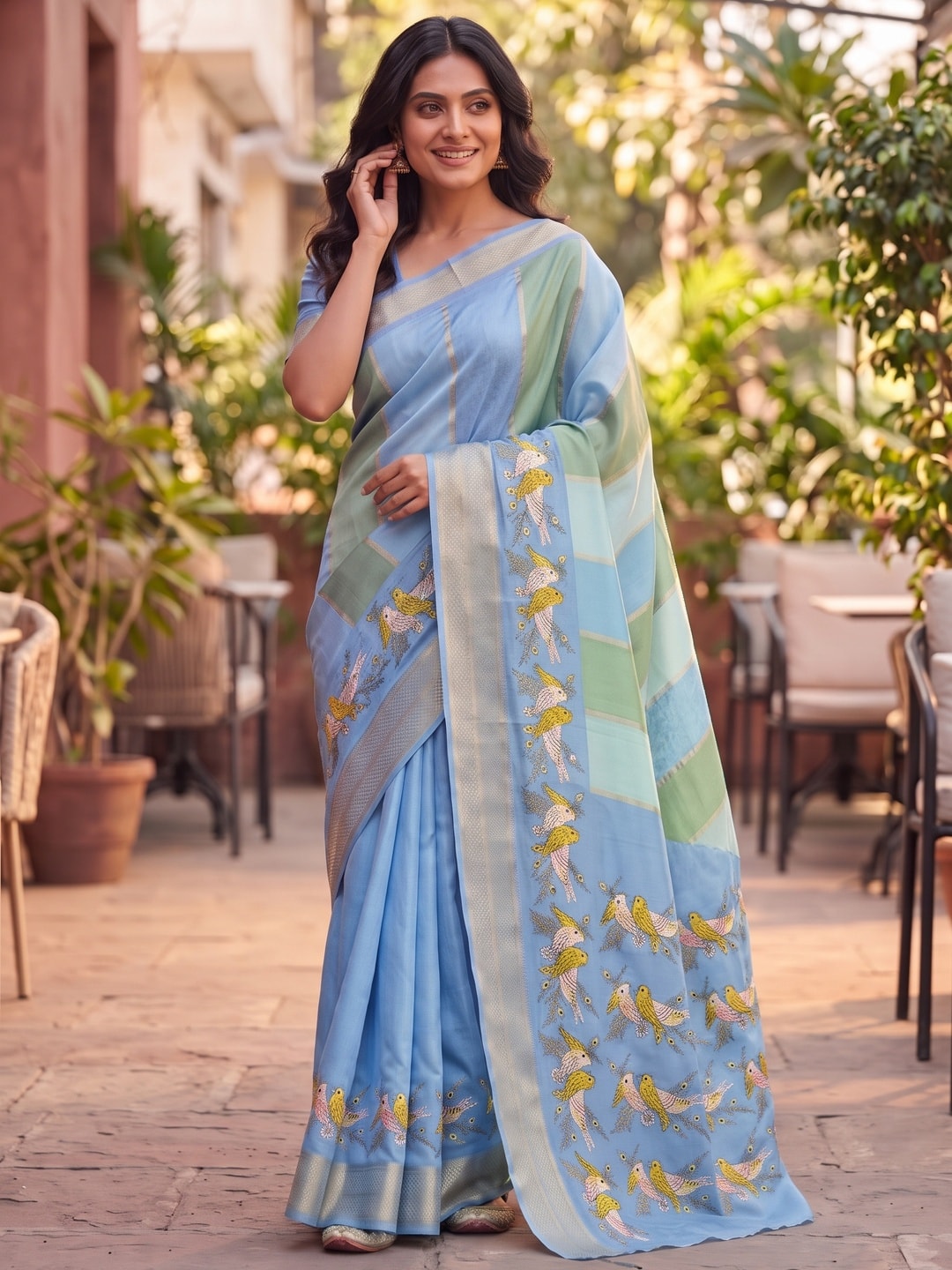 Peachmode Powder Blue Marshmallow Self Jacquard Weaving Saree With Fancy Foil Print Bird And Floral Design - Image 4