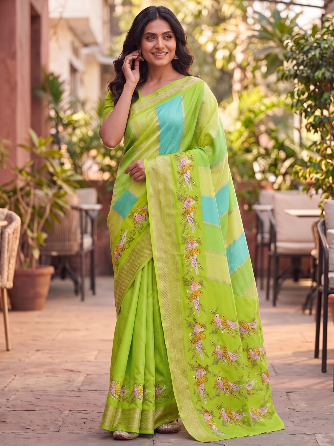 Peachmode Lime Green Marshmallow Self Jacquard Weaving Saree With Fancy Foil Print Bird And Floral Design - Image 4