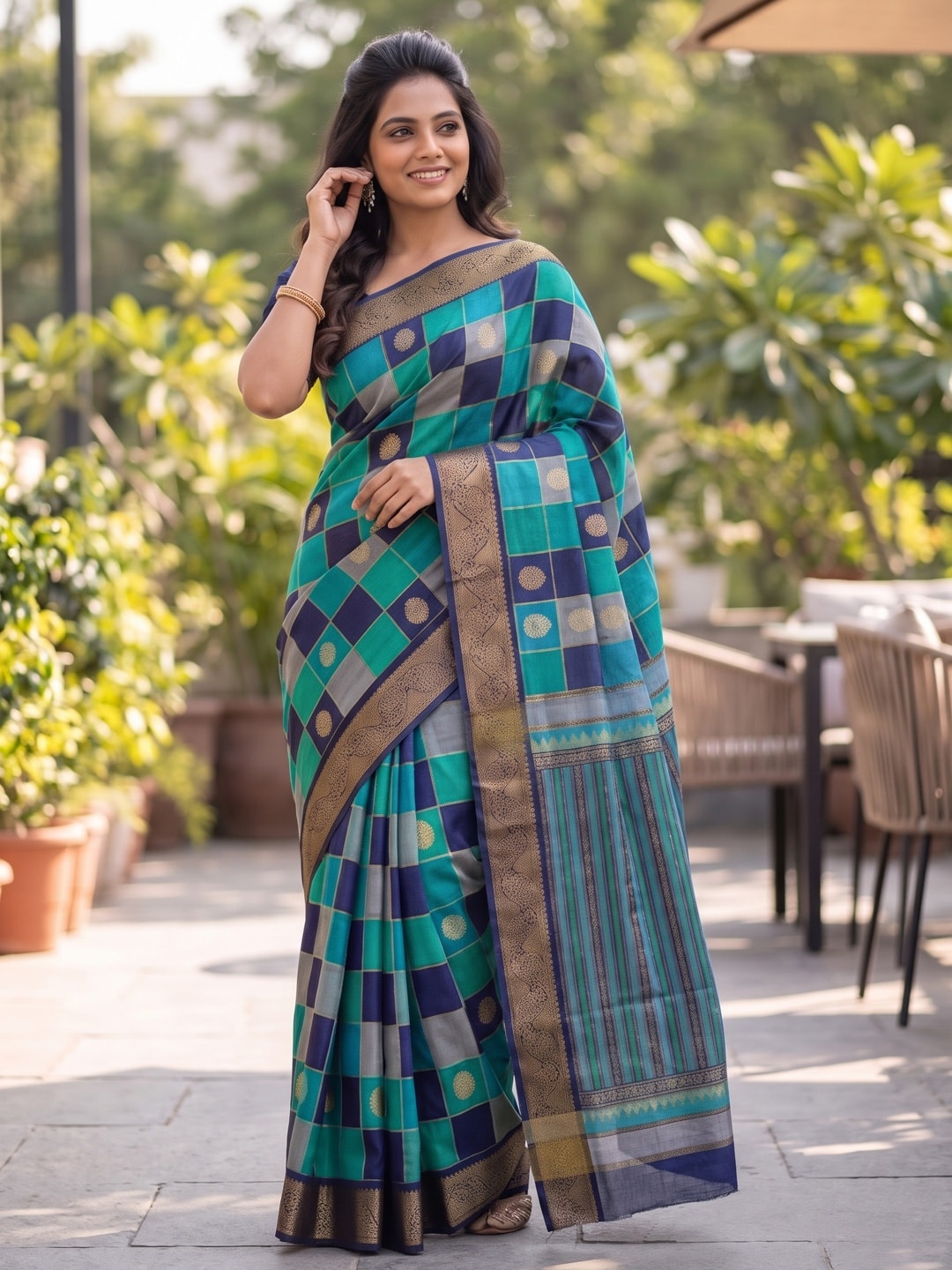 Peachmode Teal Marshmallow Self Jacquard Weaving Saree With Fancy Foil Print Multicolour Check Design - Image 4