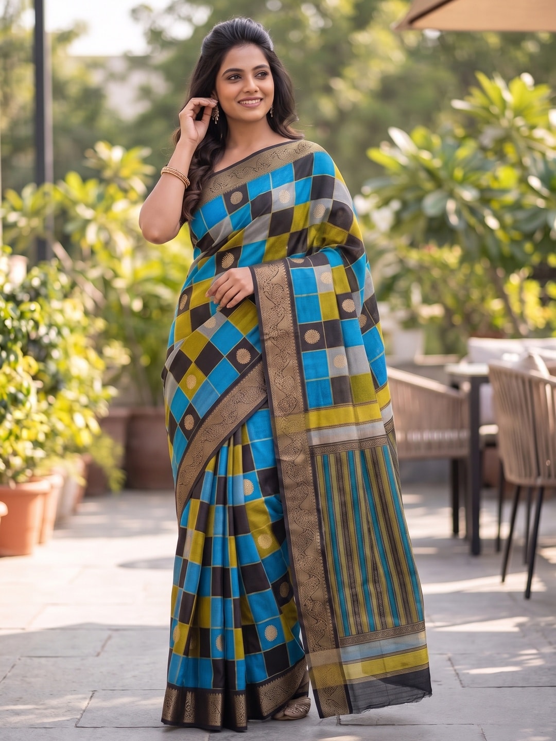 Peachmode Sky Blue Marshmallow Self Jacquard Weaving Saree With Fancy Foil Print Multicolour Check Design - Image 4
