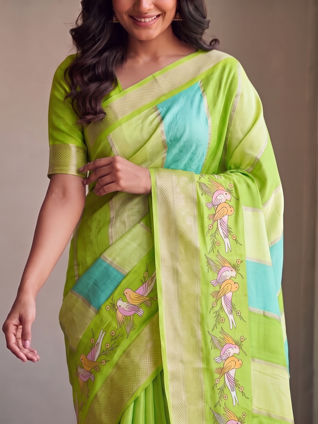 Peachmode Lime Green Marshmallow Self Jacquard Weaving Saree With Fancy Foil Print Bird And Floral Design - Image 5
