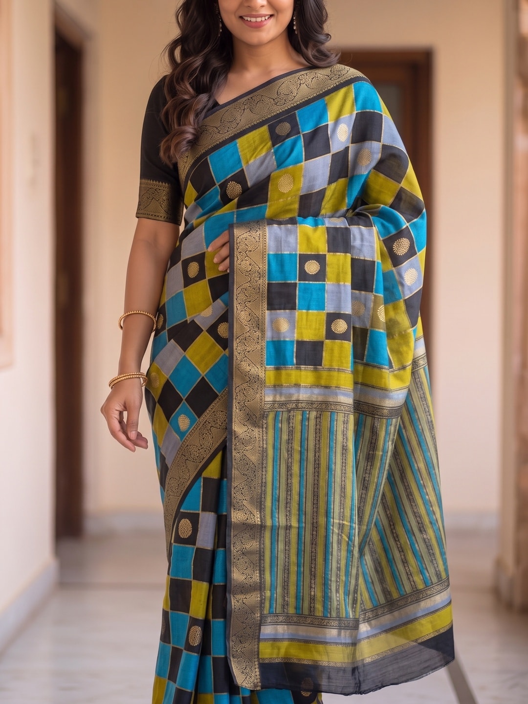 Peachmode Sky Blue Marshmallow Self Jacquard Weaving Saree With Fancy Foil Print Multicolour Check Design - Image 5