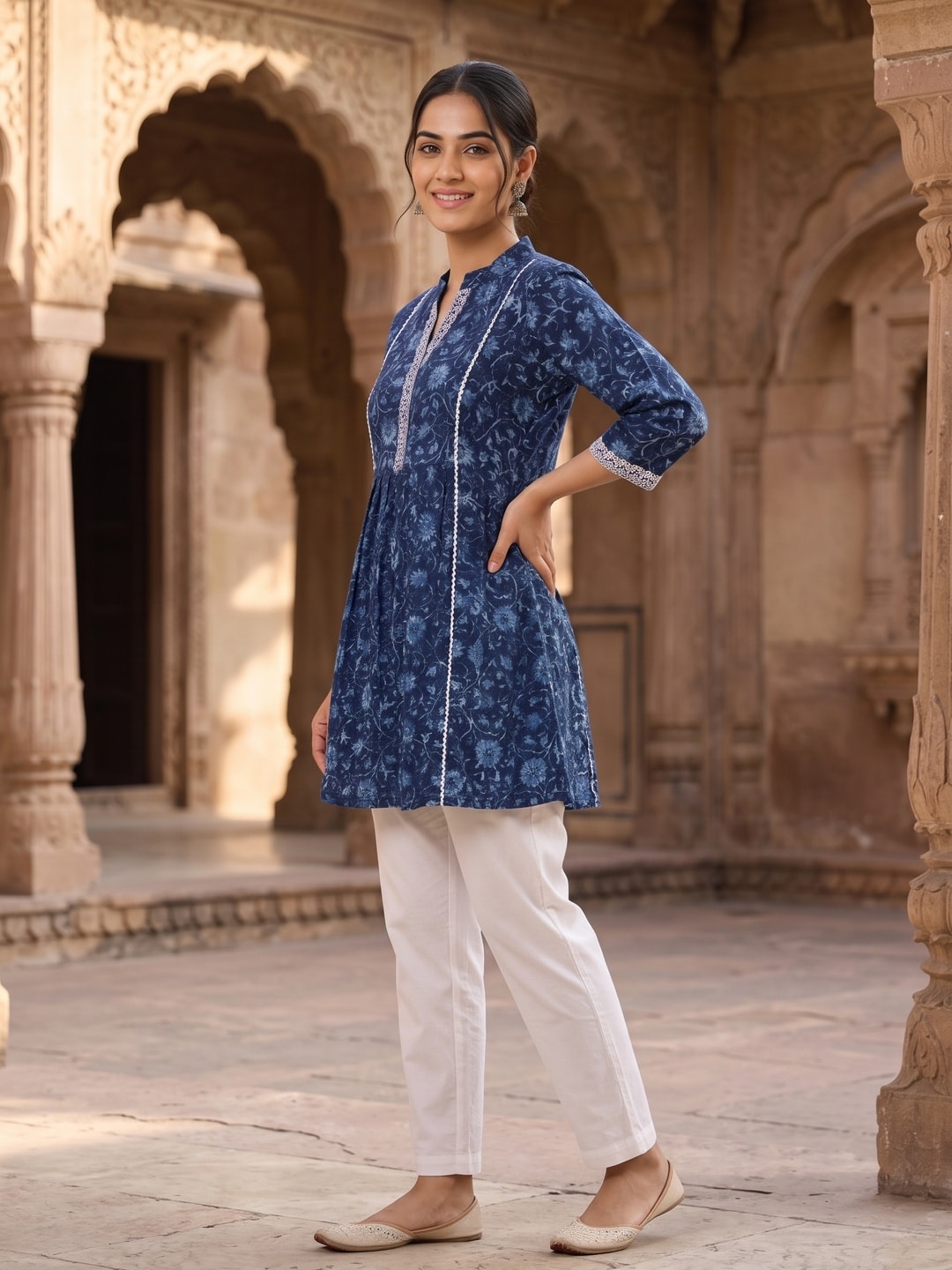 Peachmode Navy Blue Pure Cotton Floral Printed Short Kurti with Lace - Image 3