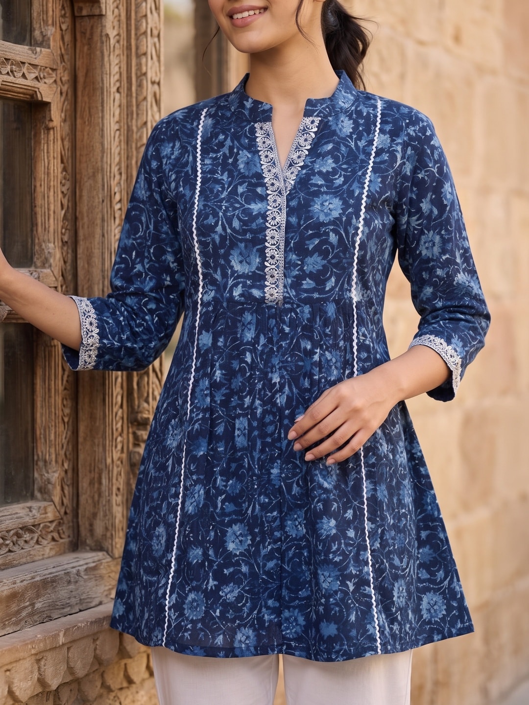 Peachmode Navy Blue Pure Cotton Floral Printed Short Kurti with Lace - Image 5