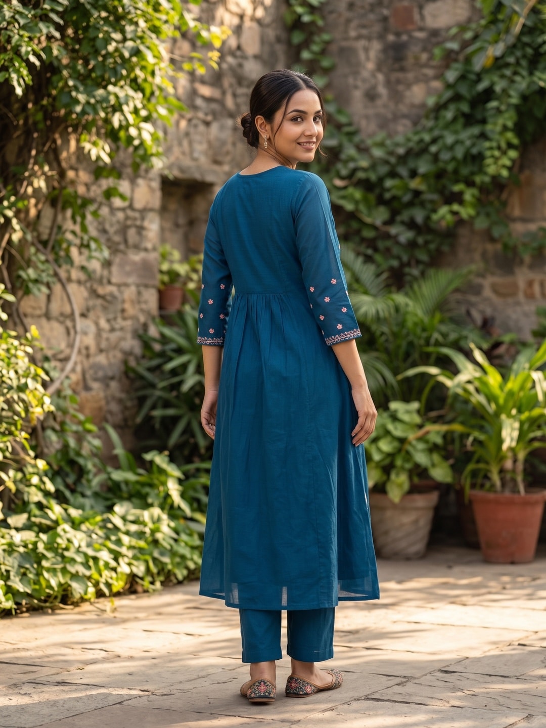 Peachmode Peacock Blue Mul Chanderi Floral Embroidered Salwar Suit with Dupatta - Image 4