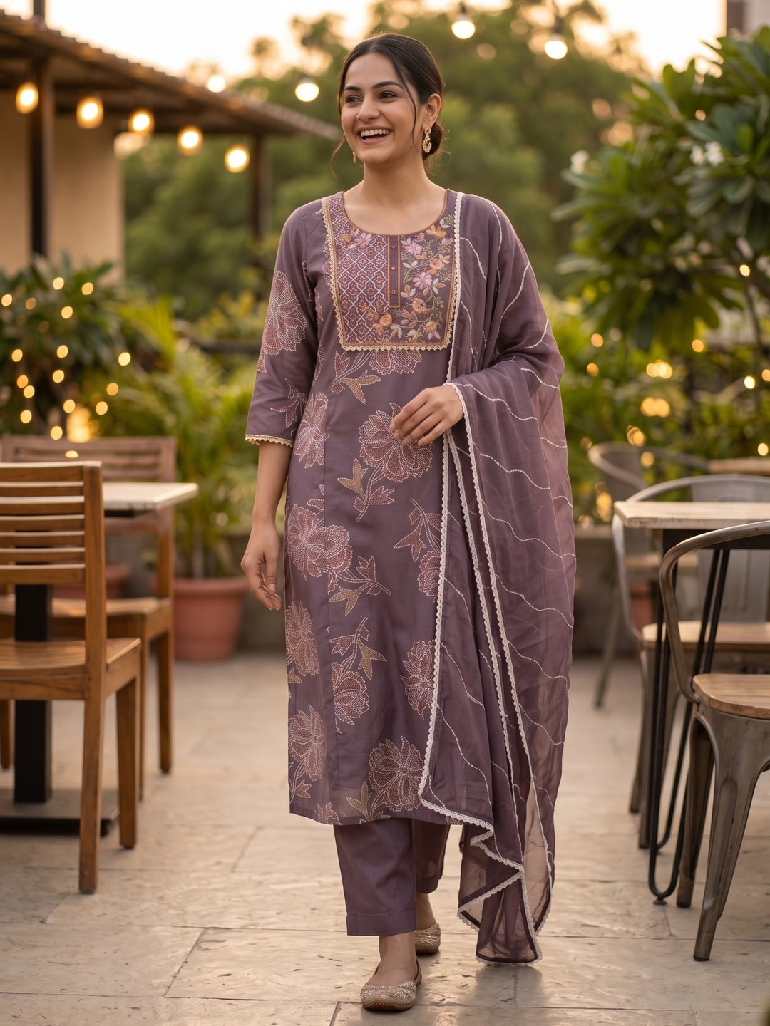Peachmode Dusty Mauve Viscose Blend Printed Salwar Suit with Dupatta - Image 2
