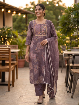 Peachmode Dusty Mauve Viscose Blend Printed Salwar Suit with Dupatta - Image 2
