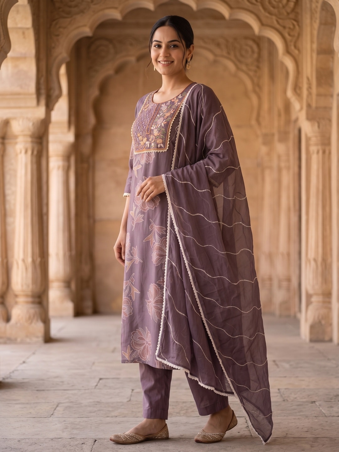 Peachmode Dusty Mauve Viscose Blend Printed Salwar Suit with Dupatta - Image 3