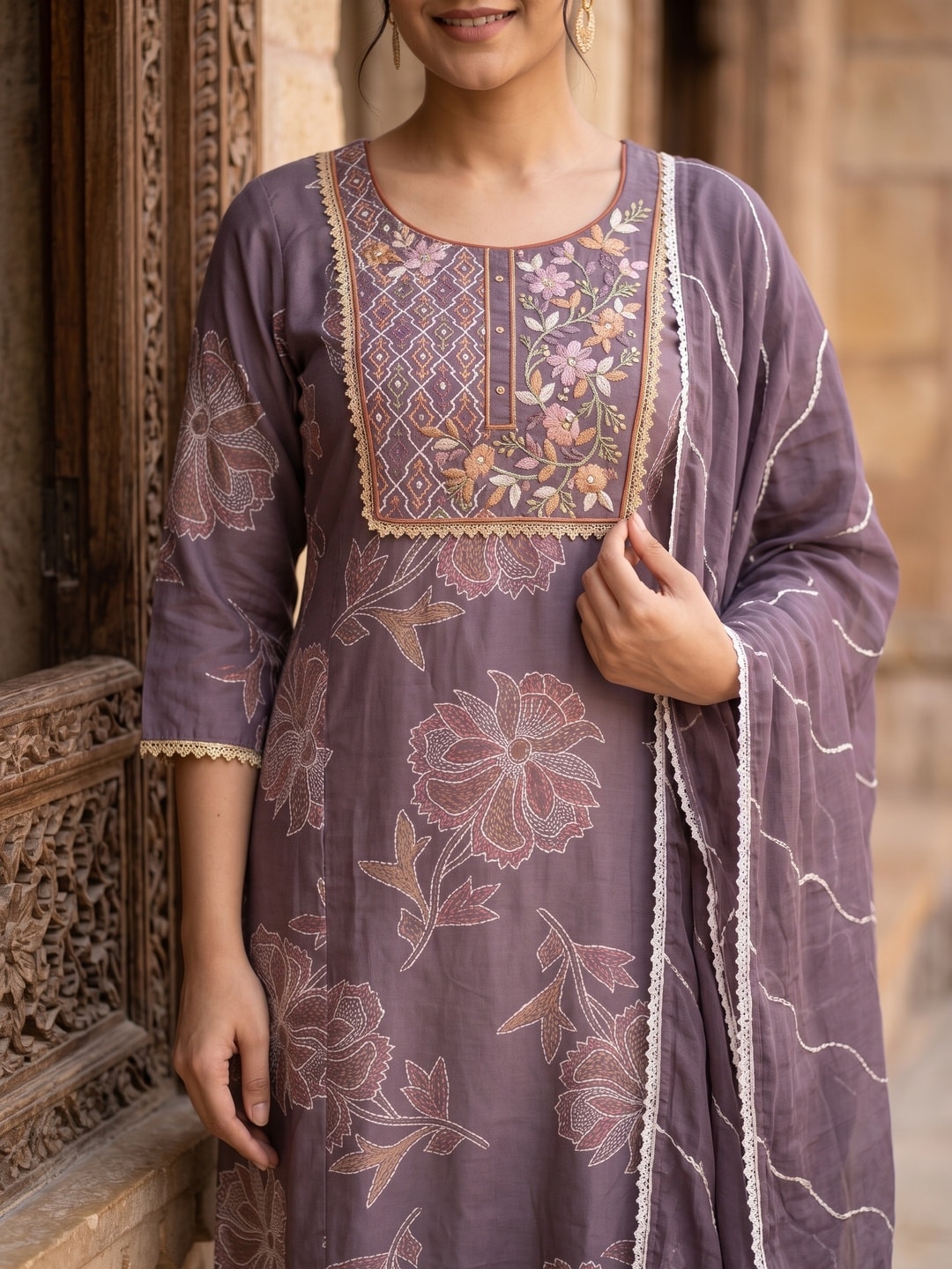 Peachmode Dusty Mauve Viscose Blend Printed Salwar Suit with Dupatta - Image 5
