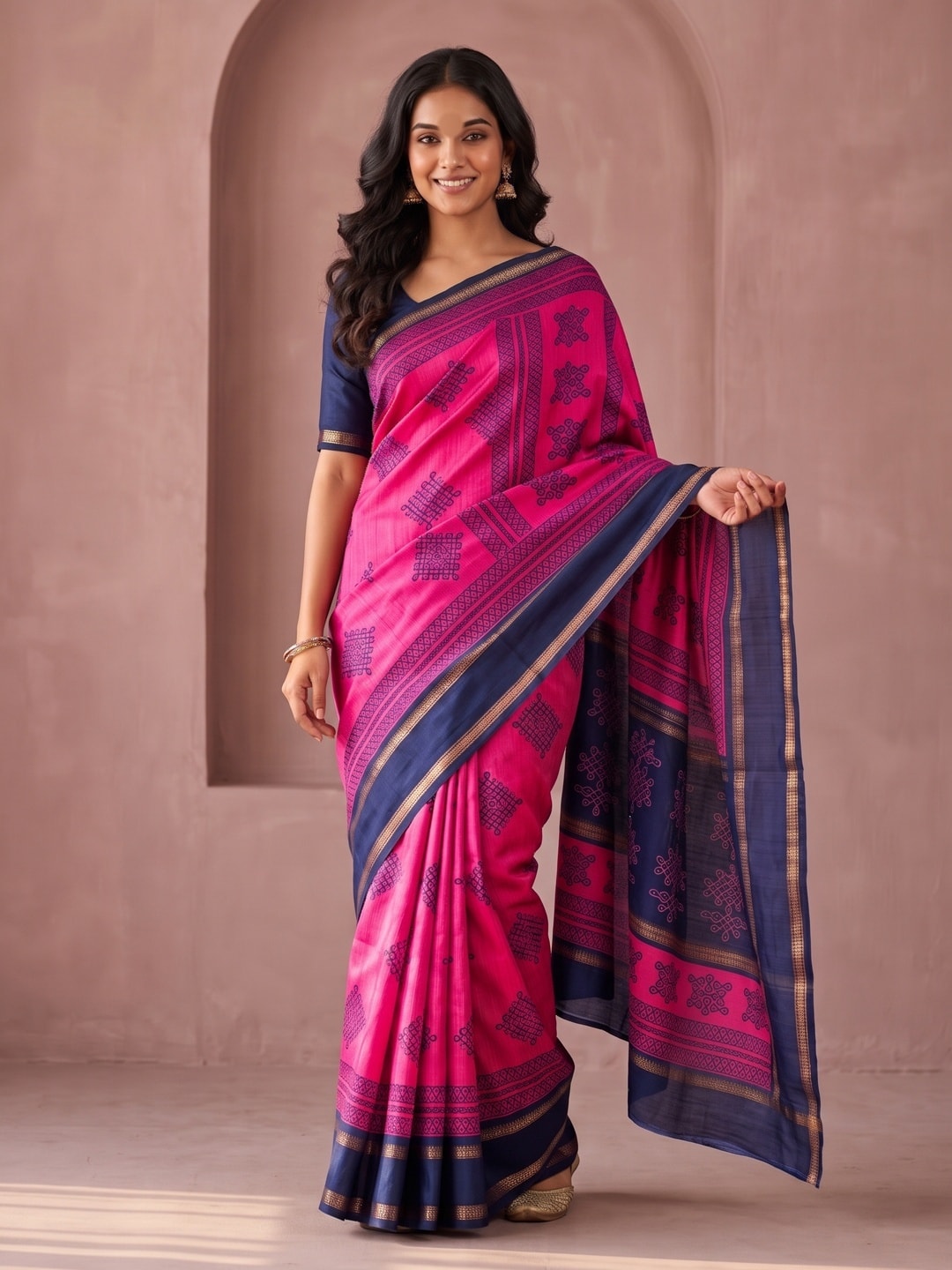 Peachmode Pink Tussar Silk Saree With Kashmiri Kolam Print, Rich Pallu And Contrast Gadwal Border - Image 1