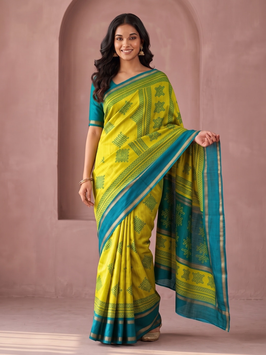 Peachmode Lime Green Tussar Silk Saree With Kashmiri Kolam Print, Rich Pallu And Contrast Gadwal Border - Image 1