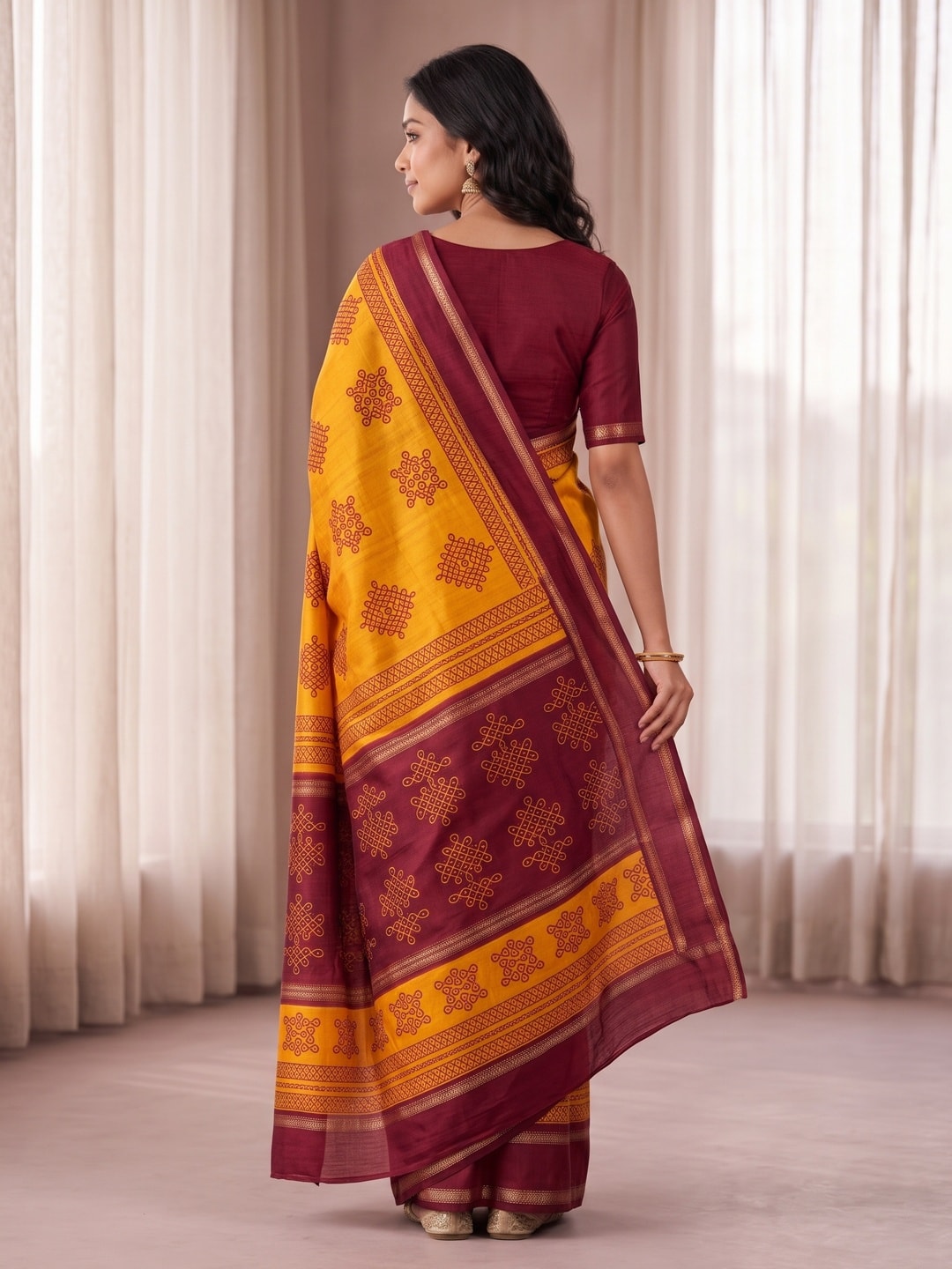 Peachmode Mustard Tussar Silk Saree With Kashmiri Kolam Print, Rich Pallu And Contrast Gadwal Border - Image 2
