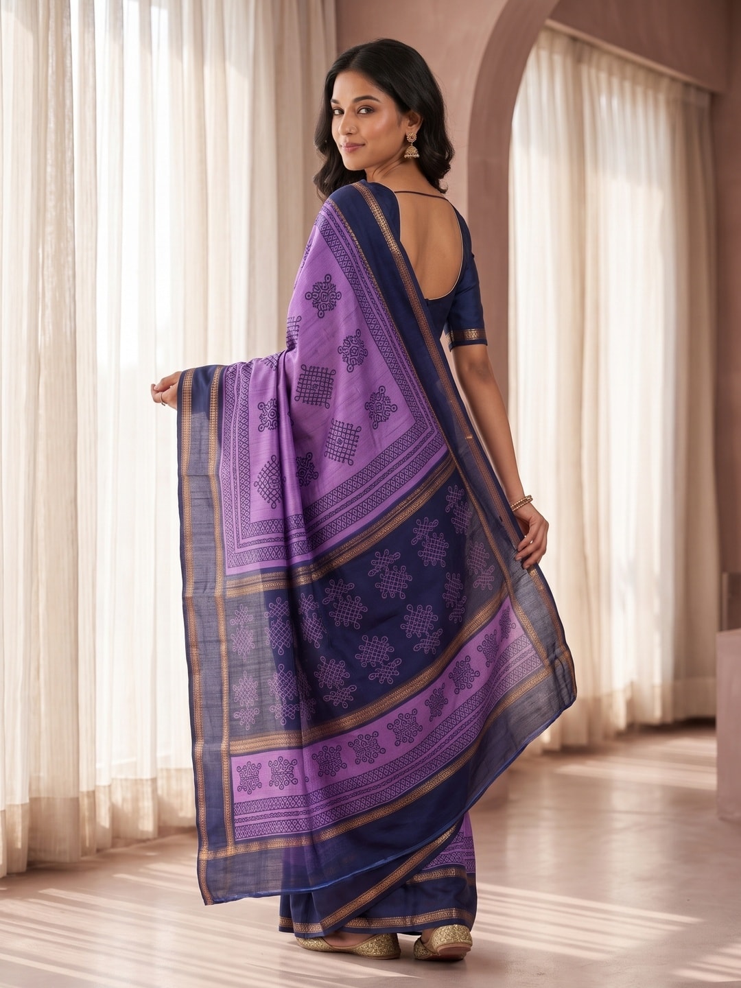 Peachmode Purple Tussar Silk Saree With Kashmiri Kolam Print, Rich Pallu And Contrast Gadwal Border - Image 2