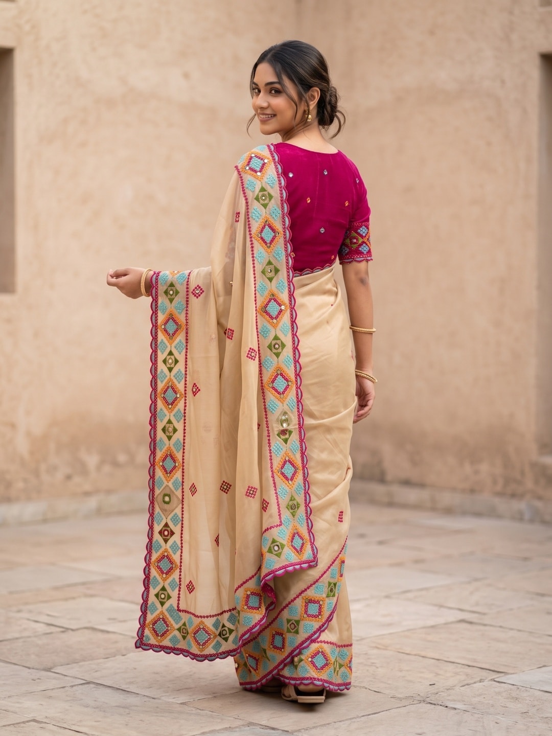 Peachmode Beige Georgette Saree With Allover Embroidery, Diamond Work And Scalloped Heavy Embroidered Border - Image 2