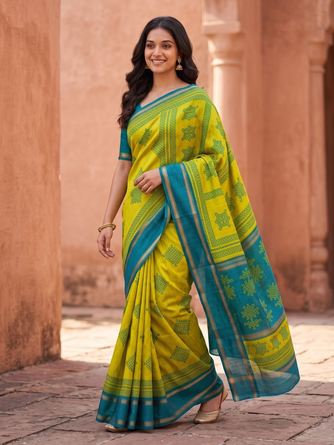 Peachmode Lime Green Tussar Silk Saree With Kashmiri Kolam Print, Rich Pallu And Contrast Gadwal Border - Image 3