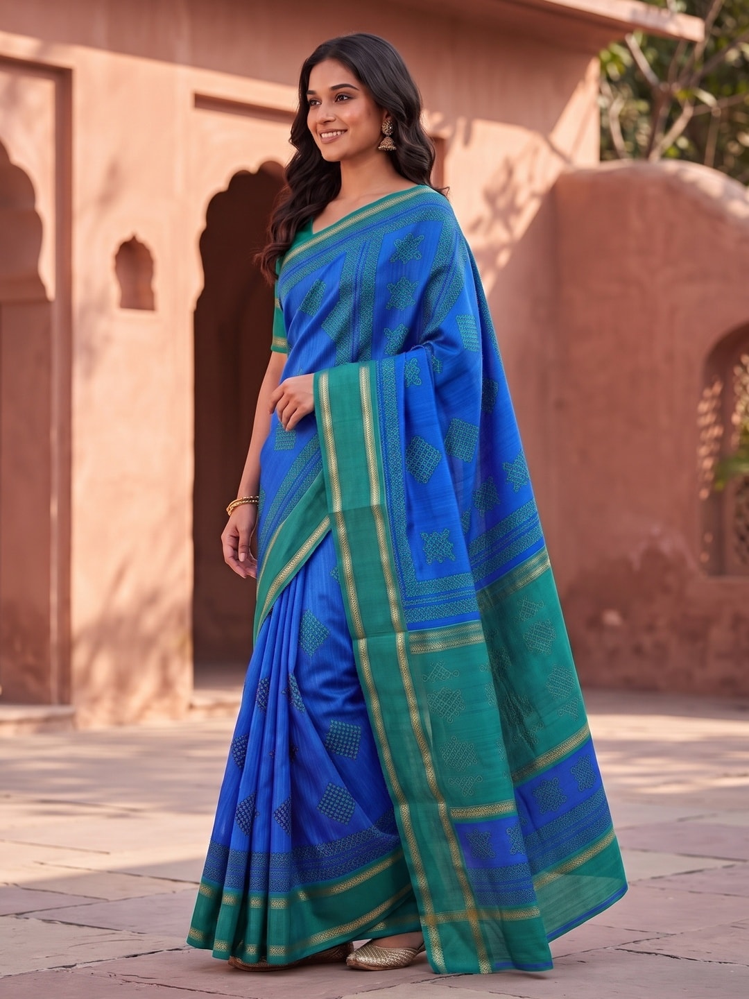 Peachmode Blue Tussar Silk Saree With Kashmiri Kolam Print, Rich Pallu And Contrast Gadwal Border - Image 3