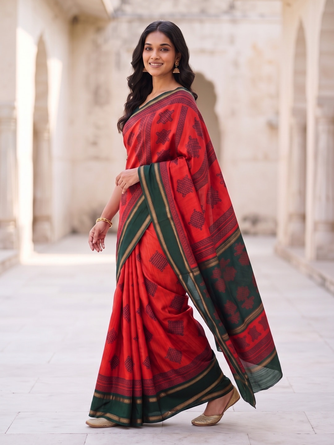 Peachmode Red Tussar Silk Saree With Kashmiri Kolam Print, Rich Pallu And Contrast Gadwal Border - Image 3
