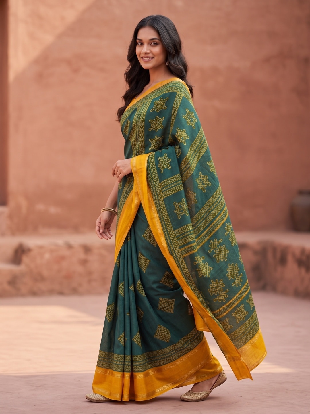 Peachmode Green Tussar Silk Saree With Kashmiri Kolam Print, Rich Pallu And Contrast Gadwal Border - Image 3