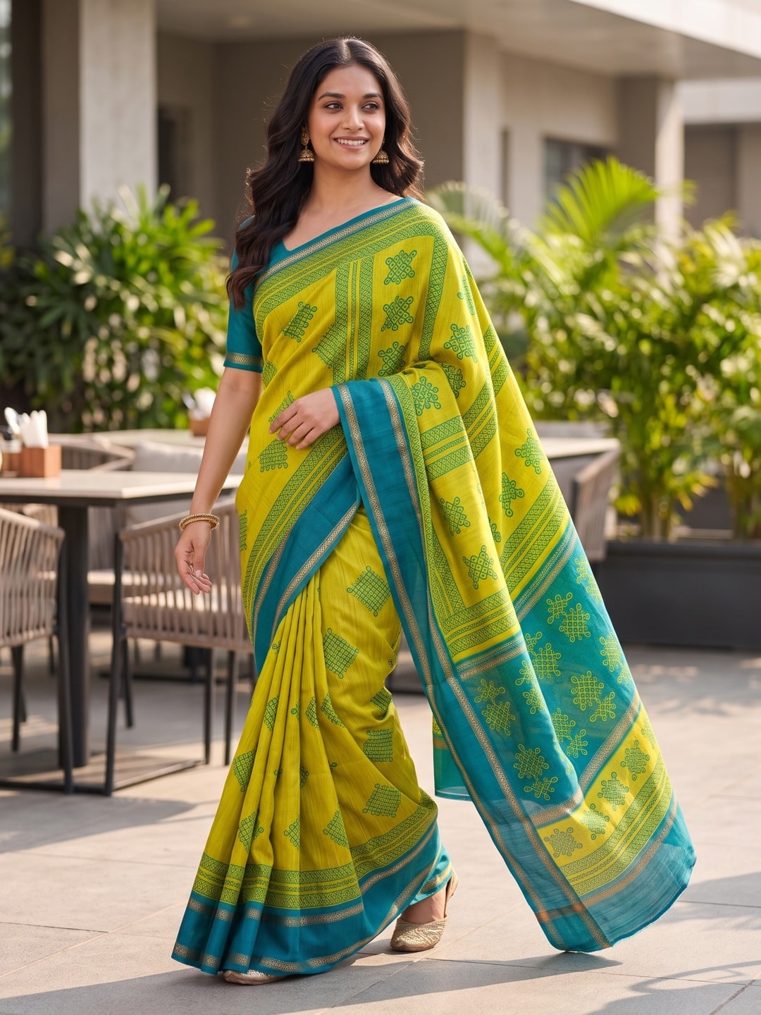 Peachmode Lime Green Tussar Silk Saree With Kashmiri Kolam Print, Rich Pallu And Contrast Gadwal Border - Image 4