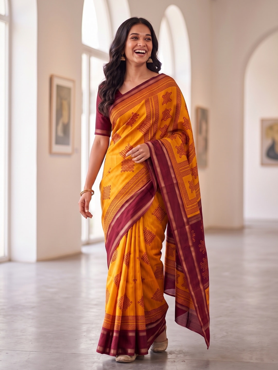 Peachmode Mustard Tussar Silk Saree With Kashmiri Kolam Print, Rich Pallu And Contrast Gadwal Border - Image 4