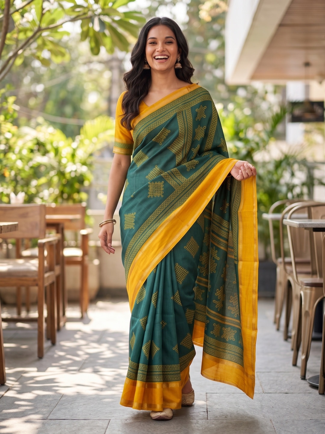 Peachmode Green Tussar Silk Saree With Kashmiri Kolam Print, Rich Pallu And Contrast Gadwal Border - Image 4