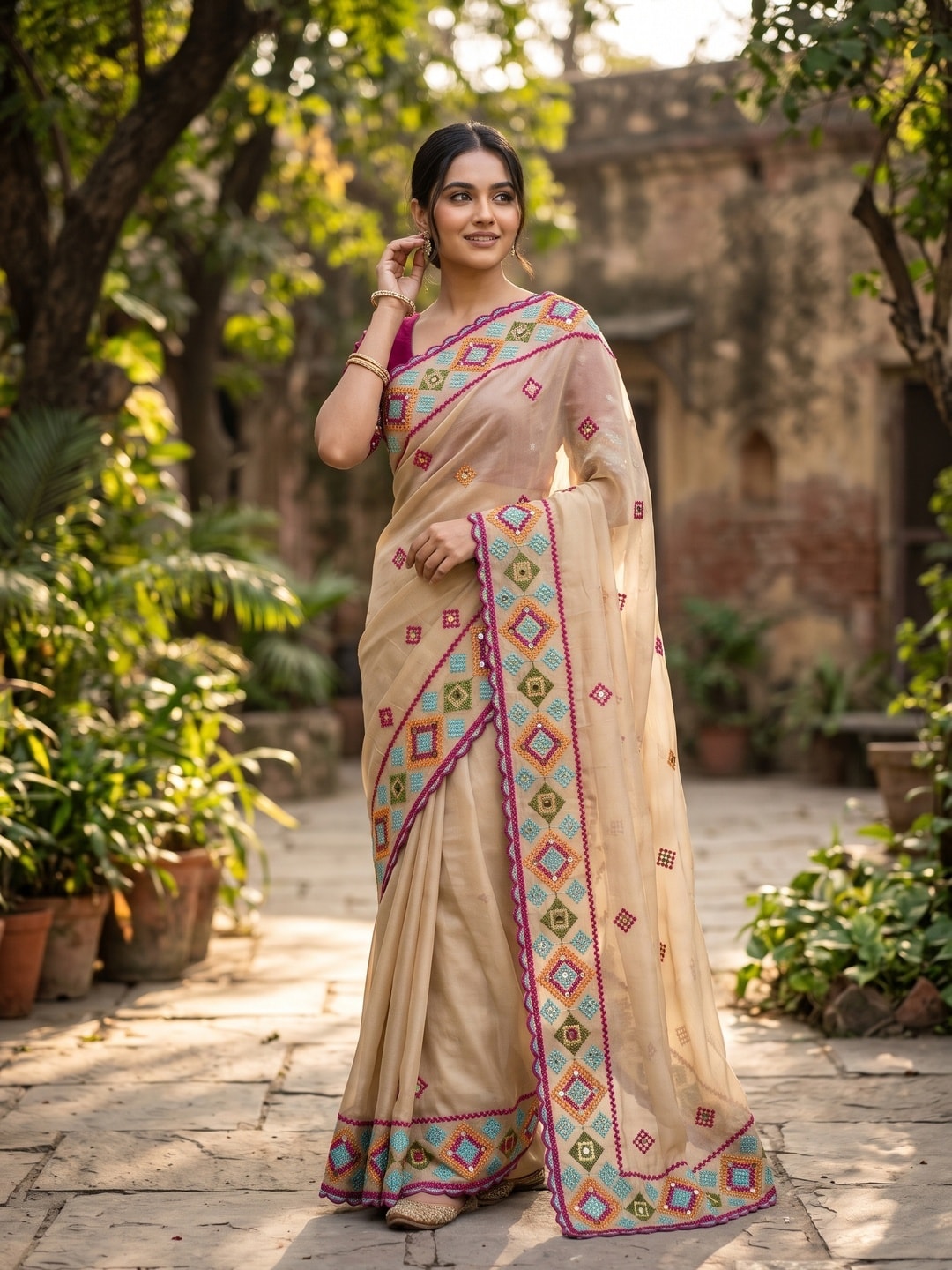 Peachmode Beige Georgette Saree With Allover Embroidery, Diamond Work And Scalloped Heavy Embroidered Border - Image 4